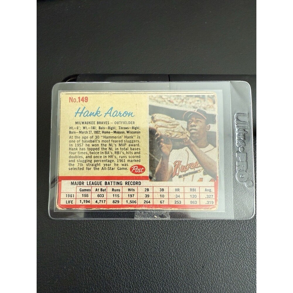 1962 Post Cereal Hank Aaron #149 – Milwaukee Braves – Vintage HOF Card